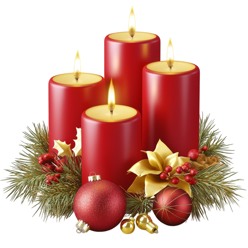 Christmas Red Candles with Green Pine Branches and Red Baubles on png