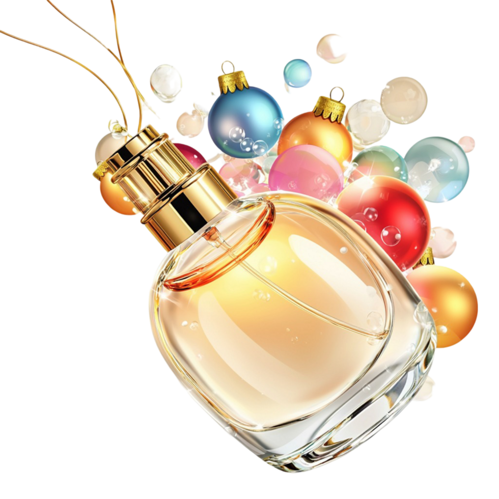 Perfume Bottle with Colorful Bubbles on png