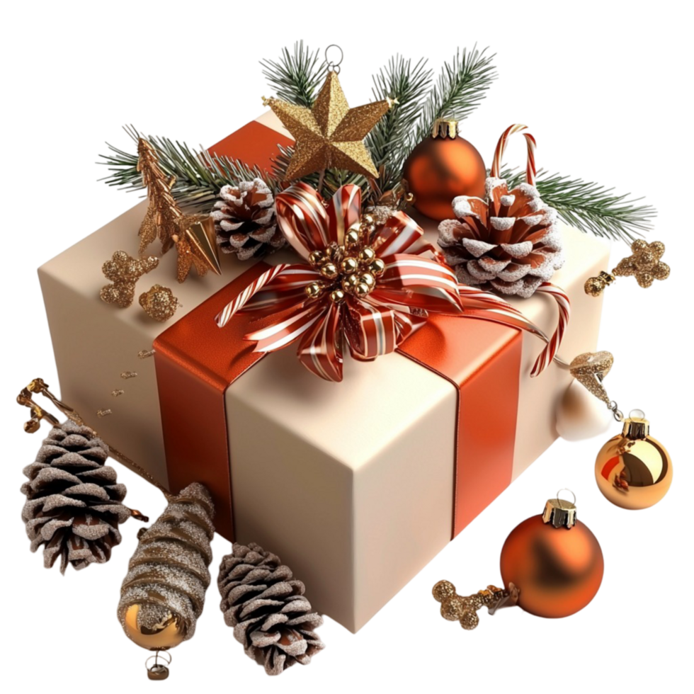 Christmas Gift Box with Pine Branch Pinecones and Baubles on png