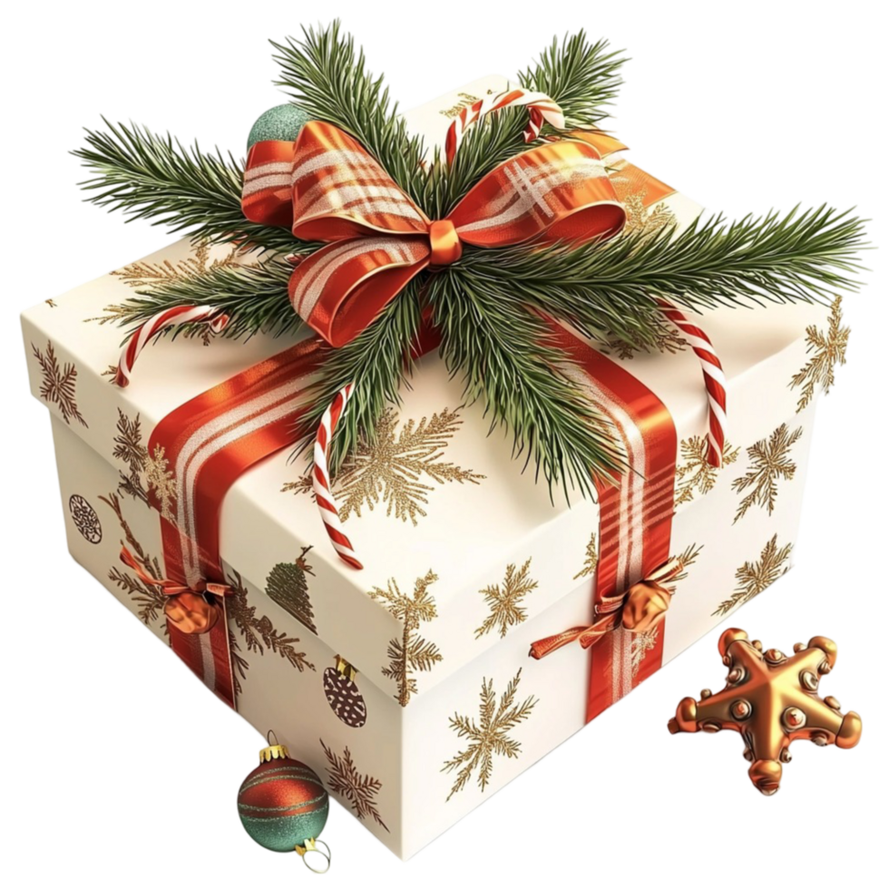 Christmas Gift Box with Pine Branch and Golden Decorations on png