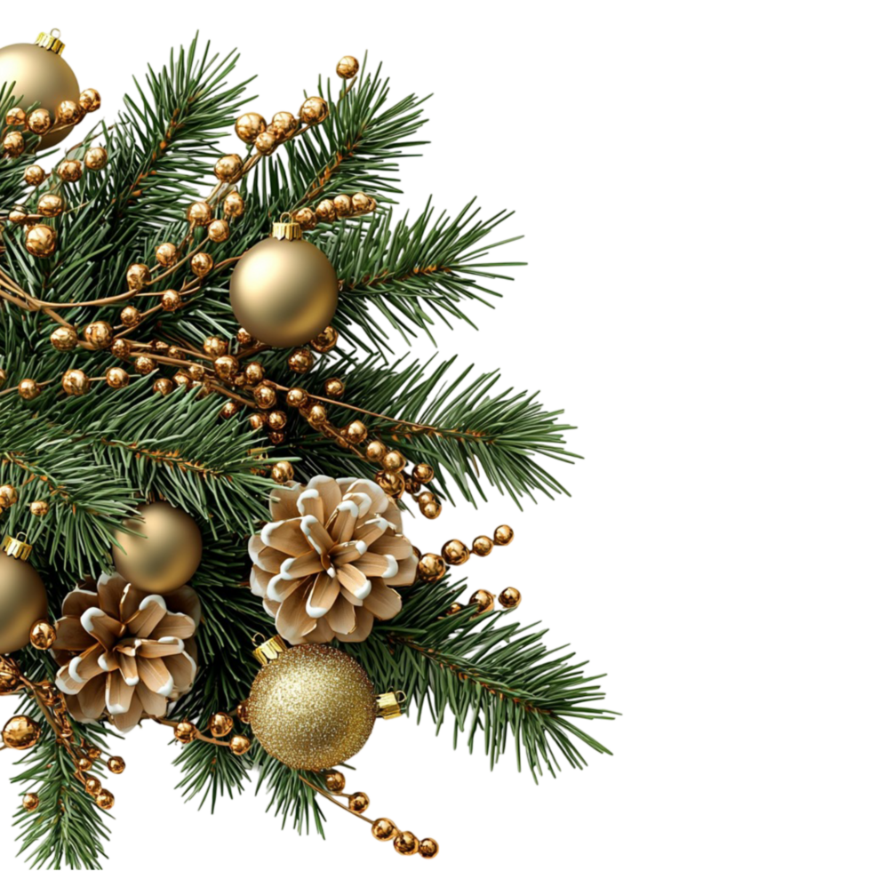 Christmas Pine Branch with Golden Baubles and Pinecones on png