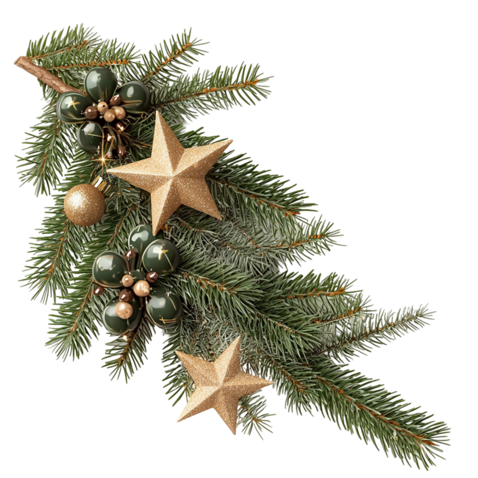 Christmas Pine Branch with Golden Stars on png