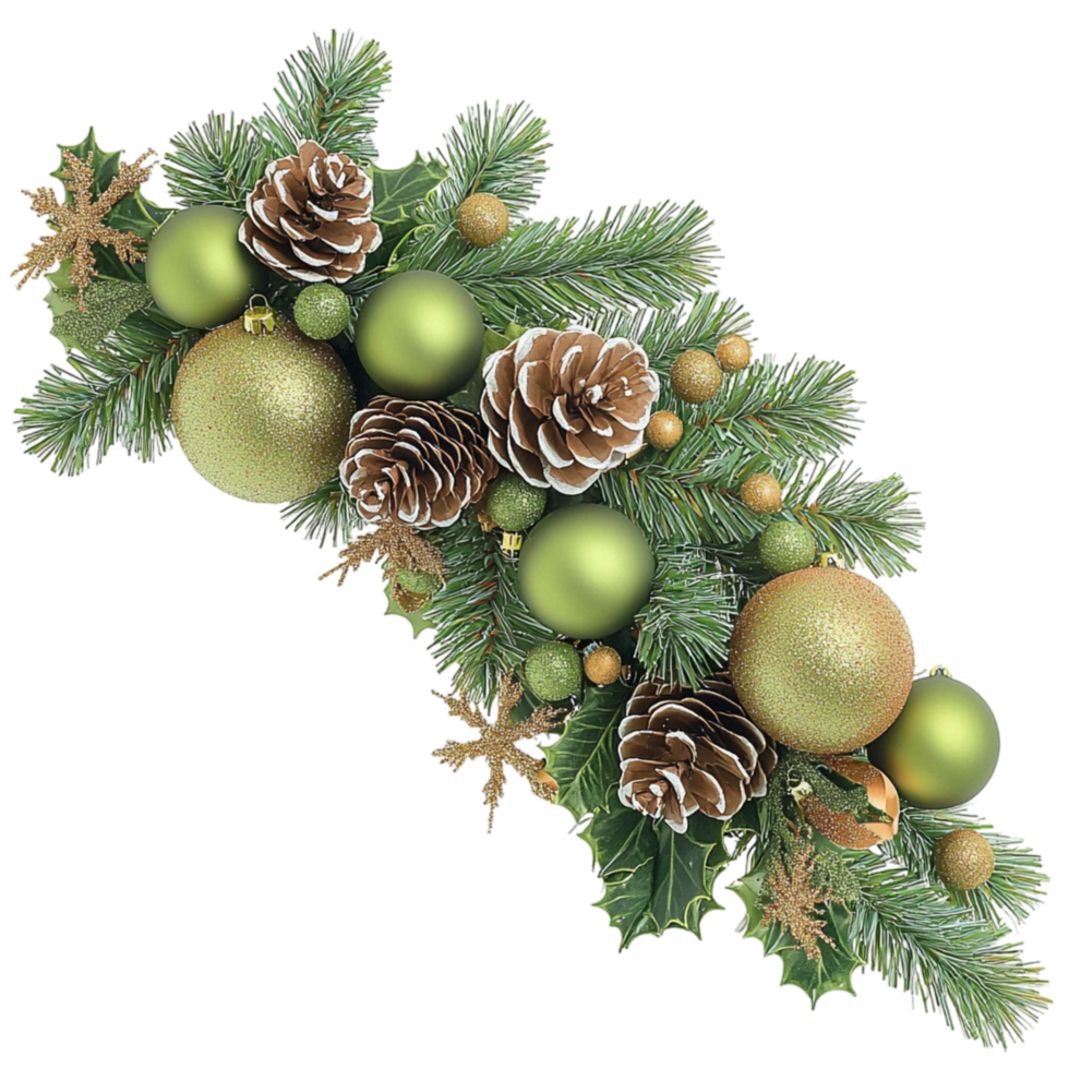 Christmas Pine Branch with Golden Ornaments and Pinecones on png