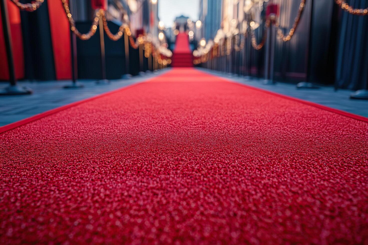 Long red carpet close-up with metal railings. Concept of award ceremony in the field of cinema or music. photo