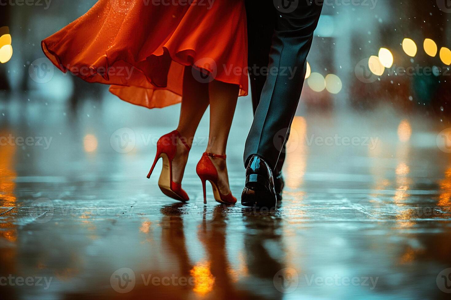 Close-up of a pair of male and female legs dancing. Female legs in red high heels. Generated by artificial intelligence photo