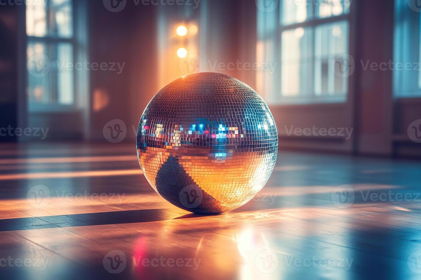 Mirrored silver disco ball on the floor in an empty dance studio in natural evening light. Generated by artificial intelligence photo