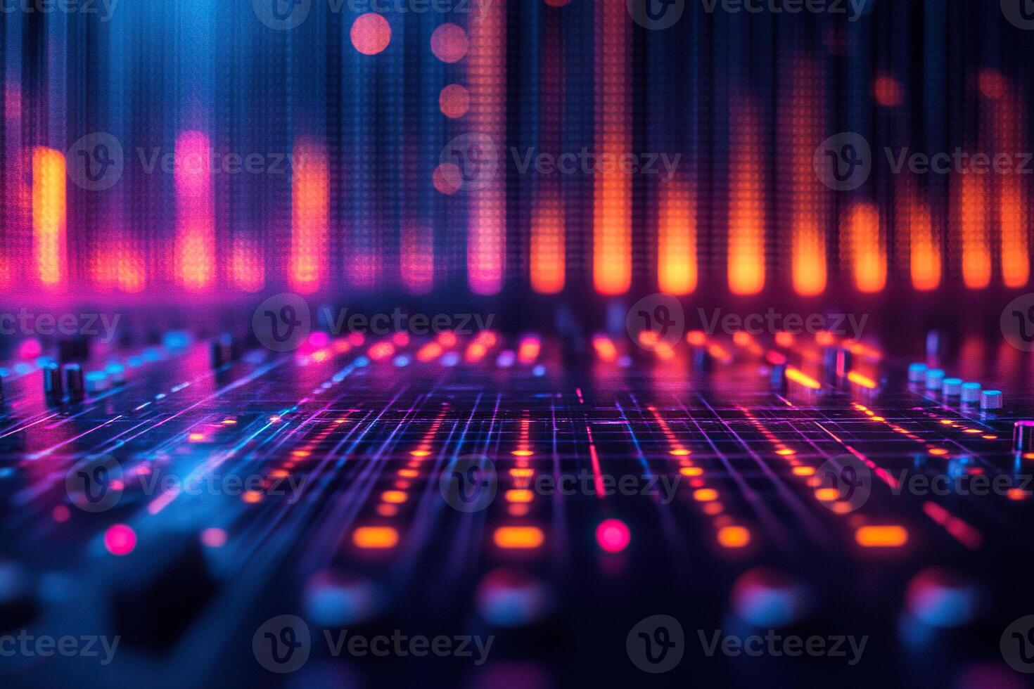 Analog and digital audio signal, music equalizer. Blurred sound background. Generated by artificial intelligence photo