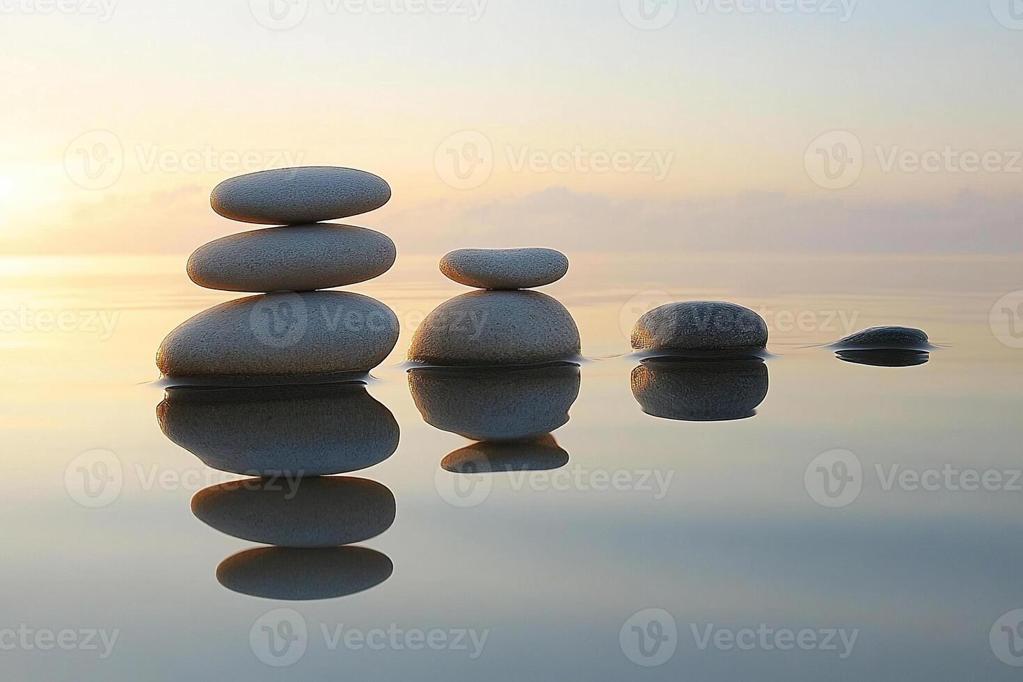 Stacks of smooth stones stand in the water, reflected in its mirror surface. The concept of balance and harmony. Generated by artificial intelligence photo