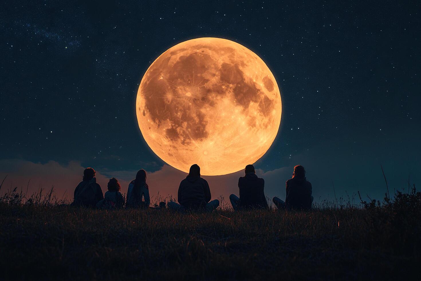 Silhouettes of people watching the supermoon phenomenon in the clear night sky. Generated by artificial intelligence photo