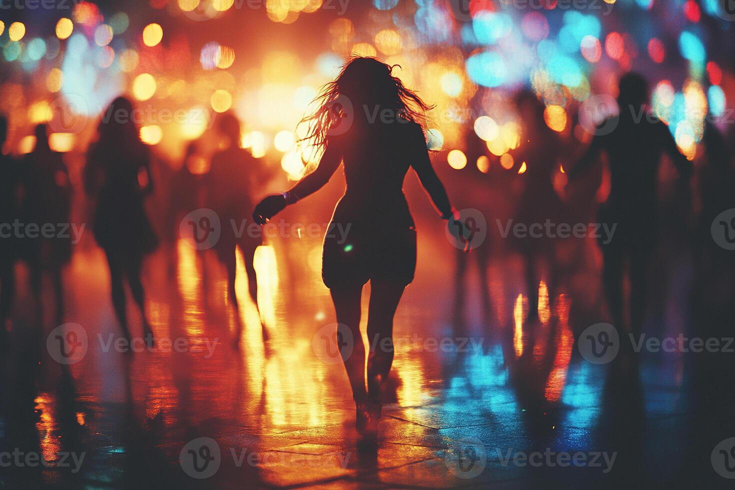 Blurred party background. Silhouette of woman dancing on street against bokeh lights. photo
