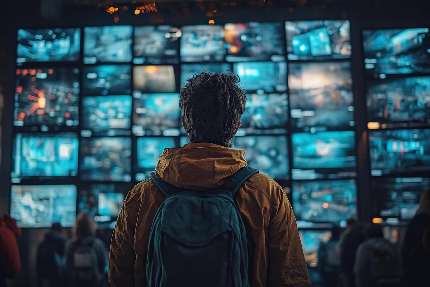 Rear view of a young man looking at an animated content stream. Visualization of browsing a big data metaverse with viral videos, social media profiles photo