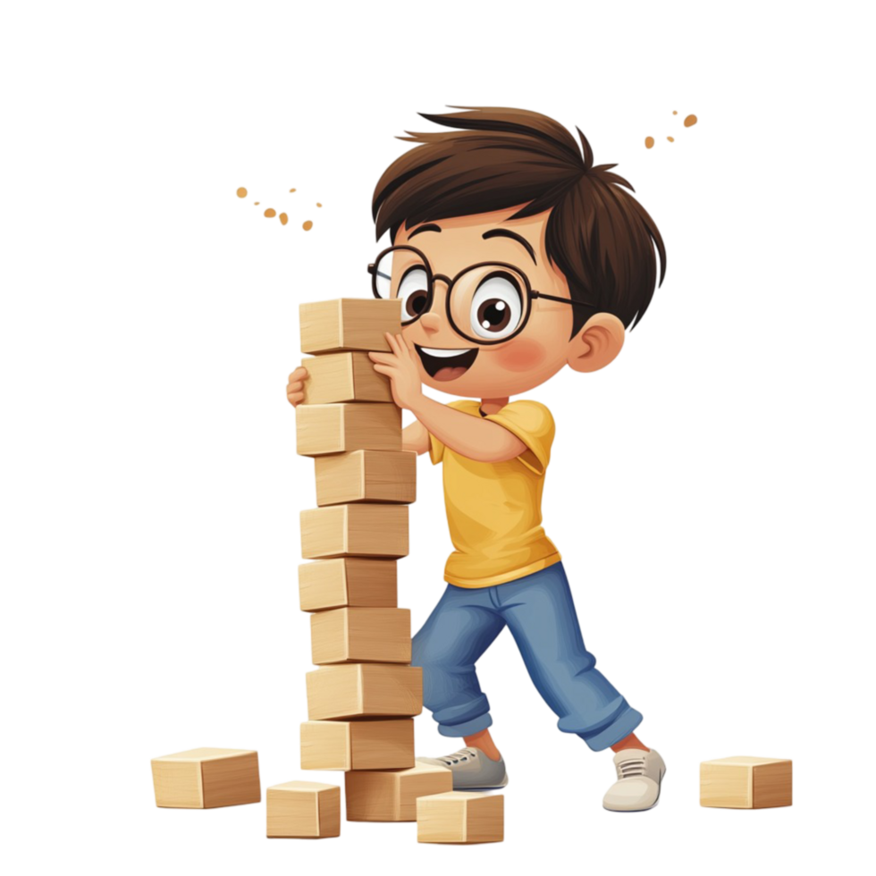 Cute Cartoon Boy Playing with Wooden Blocks png