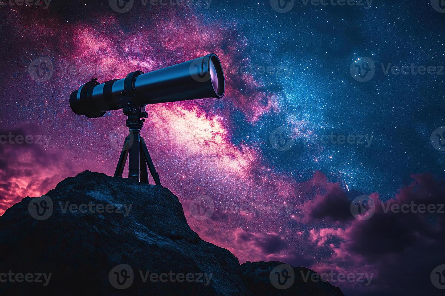 An astronomical telescope for observing stars, planets, the Moon, and celestial objects is installed on a rock on a starry night. Generated by artificial intelligence photo