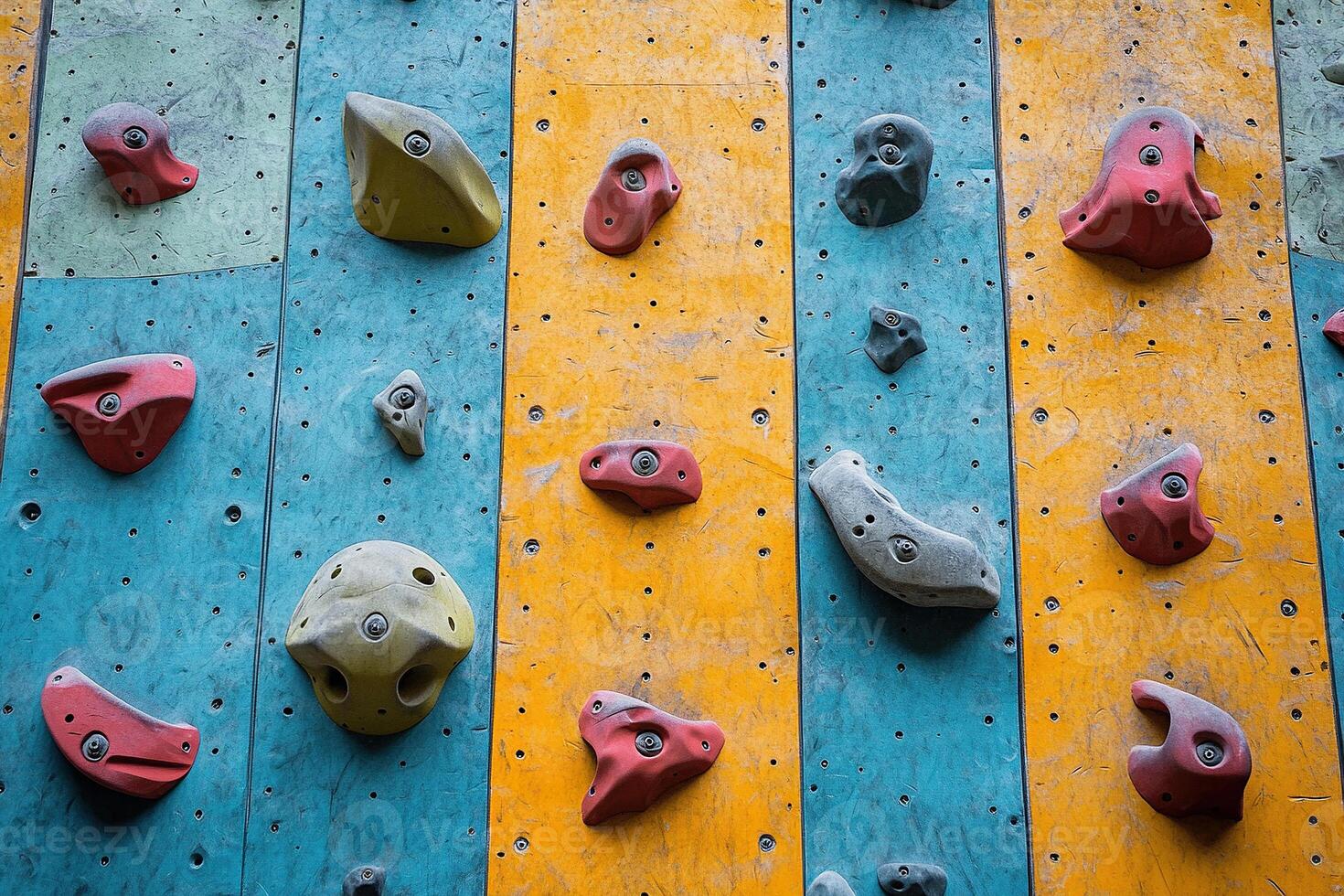 Close-up of a training climbing wall with ledges and grips. Climbers training. photo