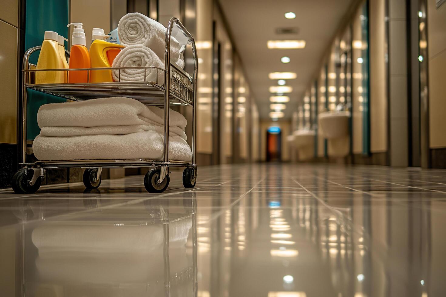 A maid's cart with towels and detergent is located in the hotel restroom. Generated by artificial intelligence photo
