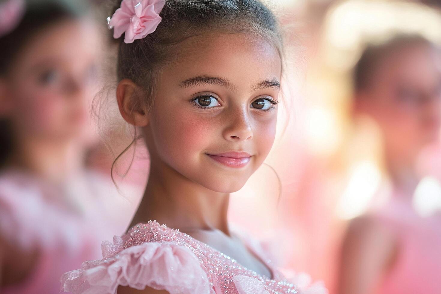 A young girl in a pink ballet costume dances with a group of other young girls in a dance class. She looks directly at the camera, her face expressing a smile and happiness. photo