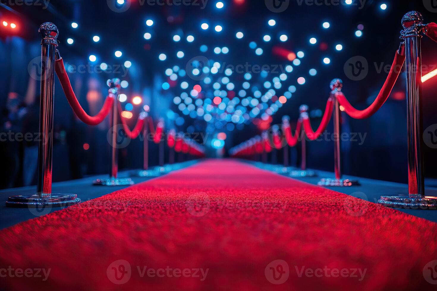 Red carpet at a film festival with a blurred blue lights background. Wide panoramic rope fence. Generated by artificial intelligence photo
