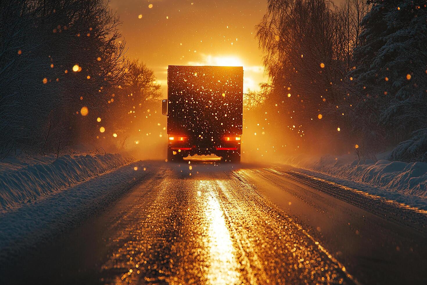 Rear view of a truck with a tarpaulin semi-trailer transporting cargo on the highway in the evening with headlights on against the sunset. Cargo transportation services concept photo