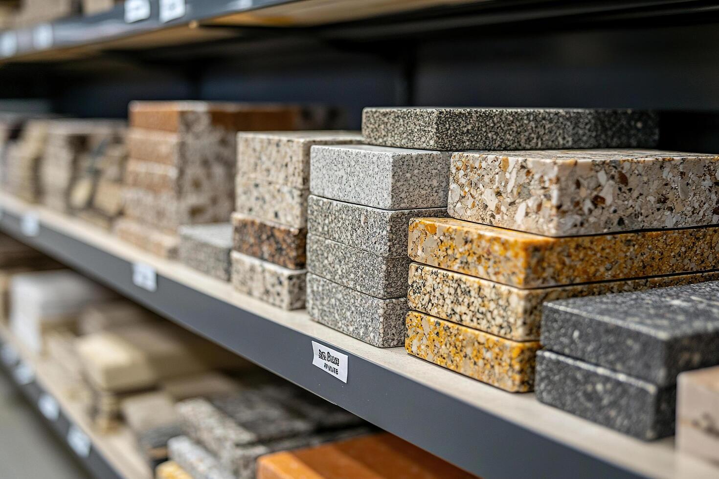 Samples of marble finishing materials lie on the shelves of a hardware store. Generated by artificial intelligence photo