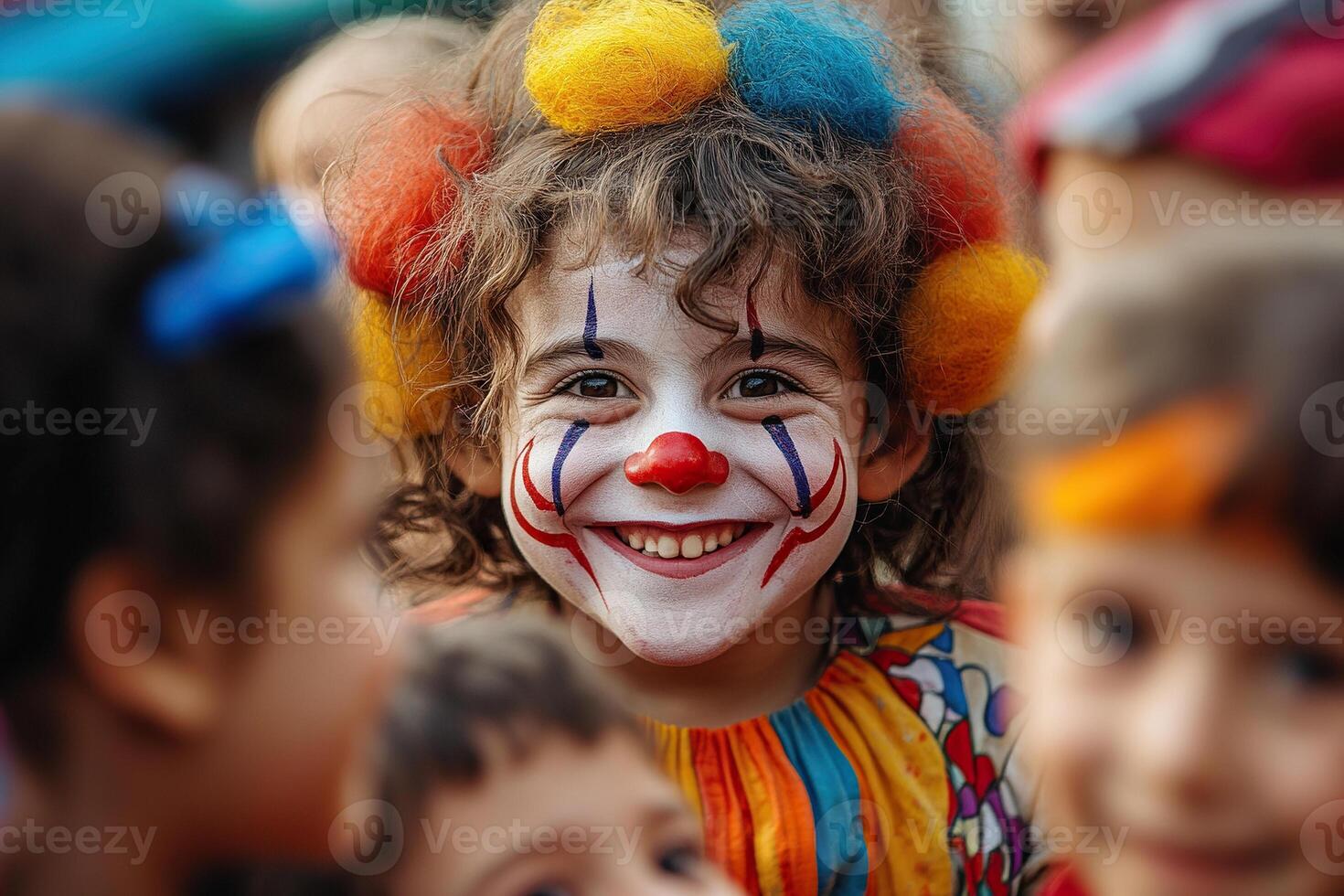 Happy boy in clown costume smiles at camera among other children at amusement park. Generated by artificial intelligence photo