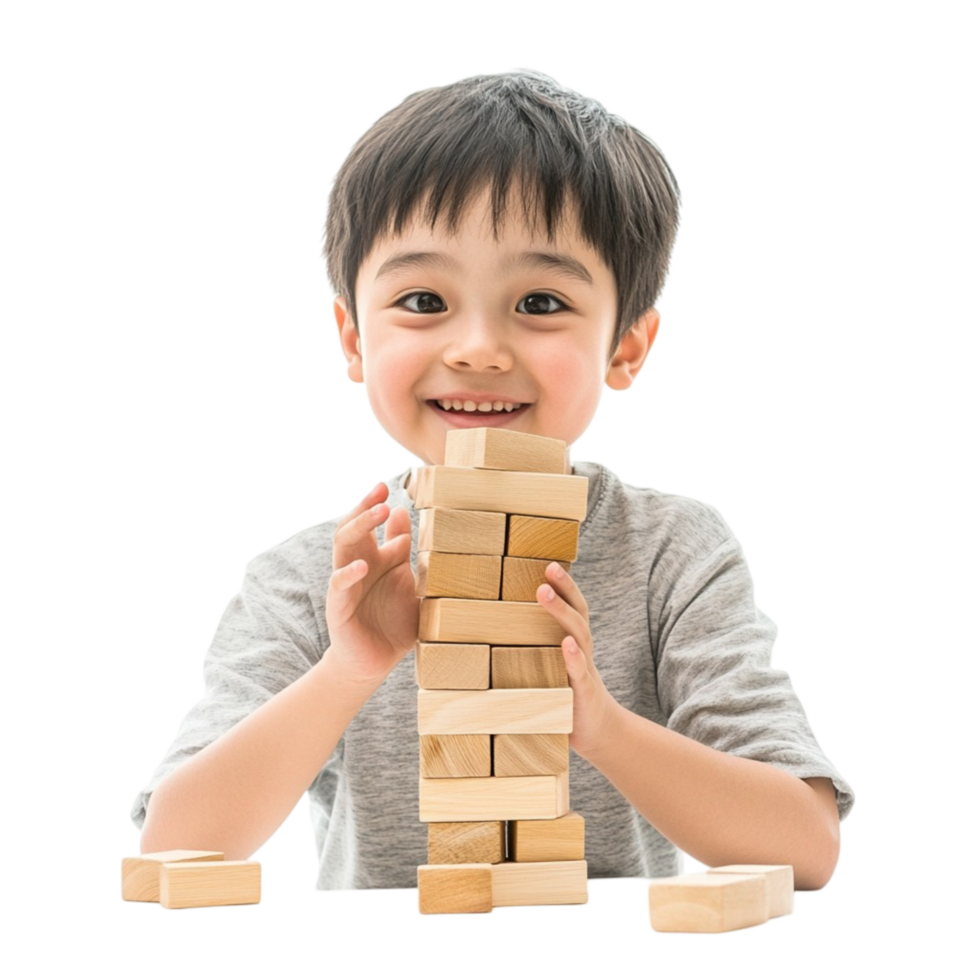 Young Boy Playing with Wooden Jenga Blocks png