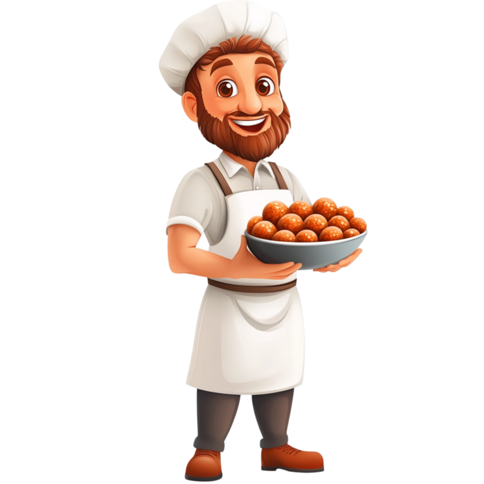 Chef holding a plate of delicious orange sweets in traditional attire png