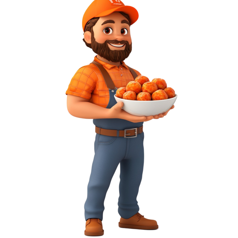 Delivery man holding plate of sweets in orange uniform and cap png