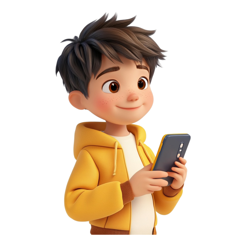 Cheerful boy with smartphone in yellow hoodie png