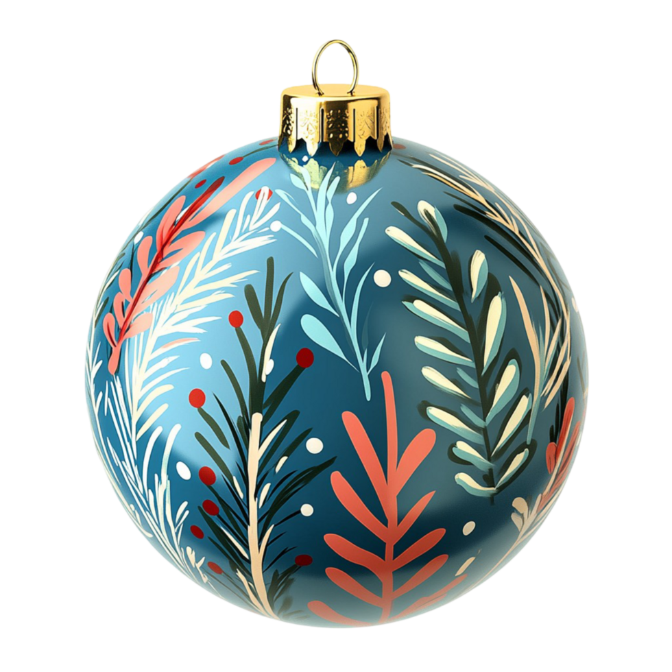 Christmas ball ornament with blue and red leaves png
