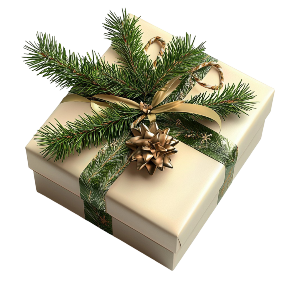 Elegant Gift Box Wrapped in Gold Paper with Green Satin Ribbon and Bow Luxury Present png