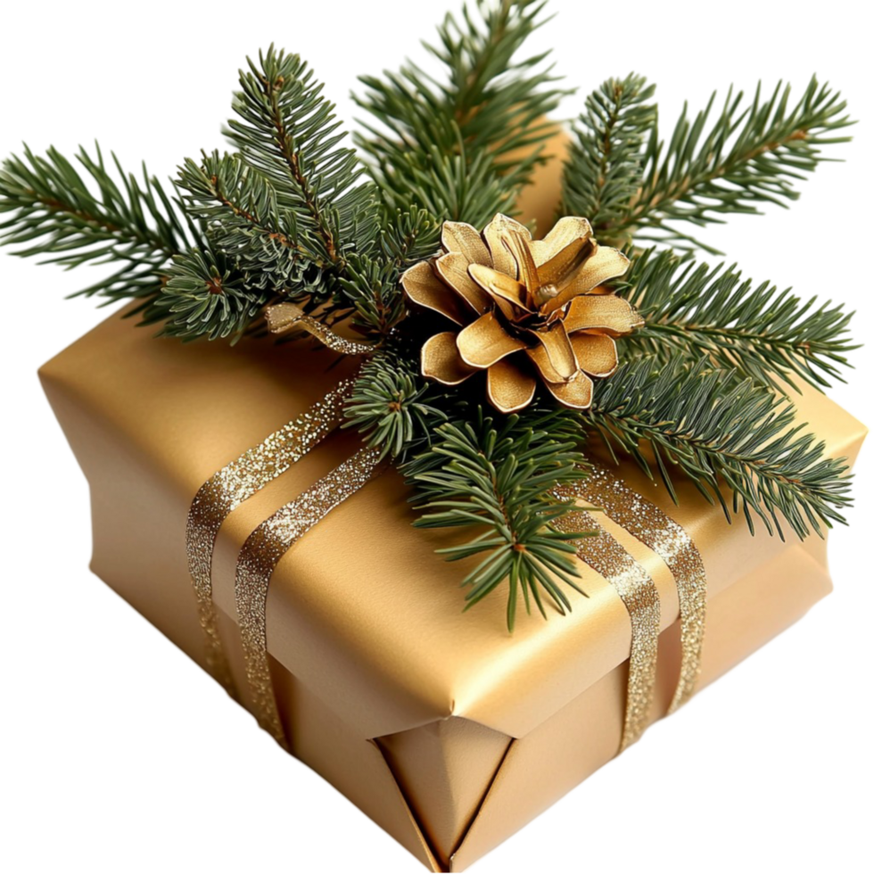 Shiny Gold Gift Box with Green Christmas Bow and Pine Branches png