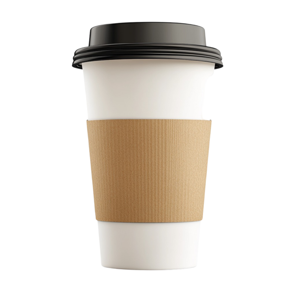 White Paper Coffee Cup with Brown Sleeve and Plastic Lid png