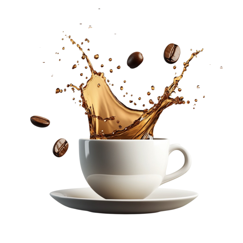 Dynamic Coffee Splash with Flying Beans and Realistic Droplets png