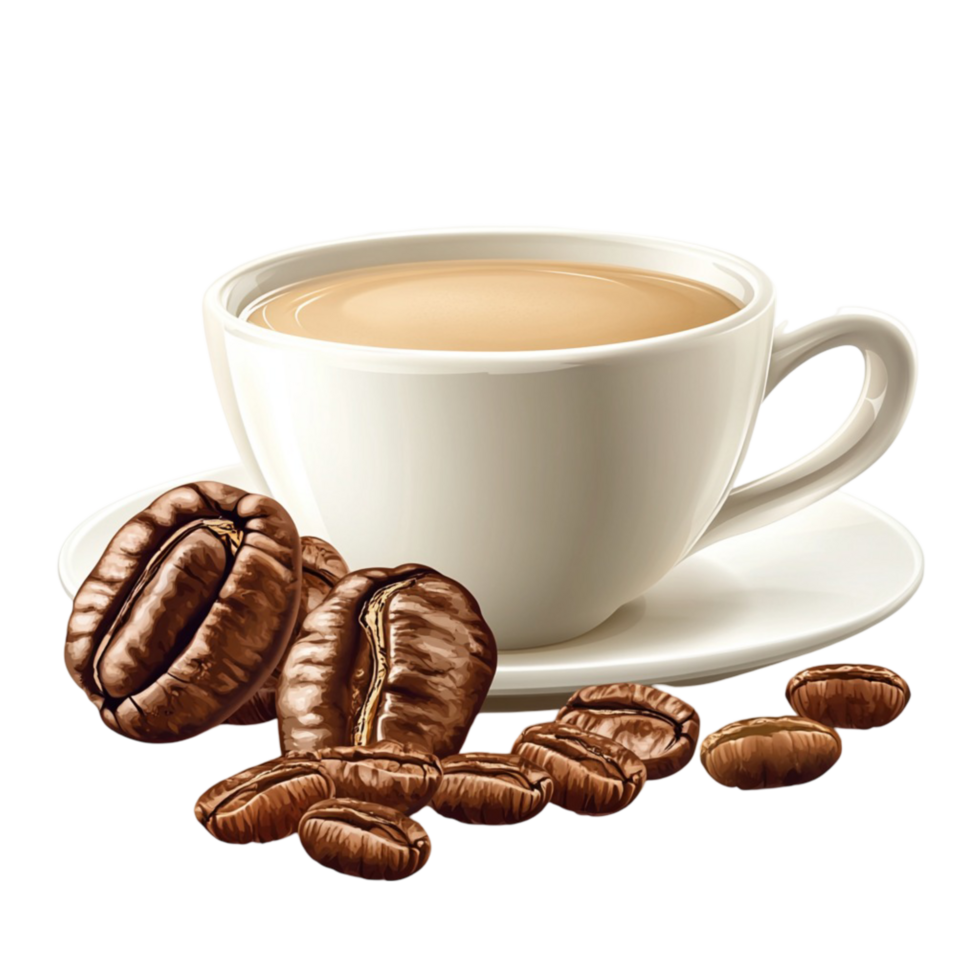 White Porcelain Coffee Cup with Fresh Roasted Coffee Beans png