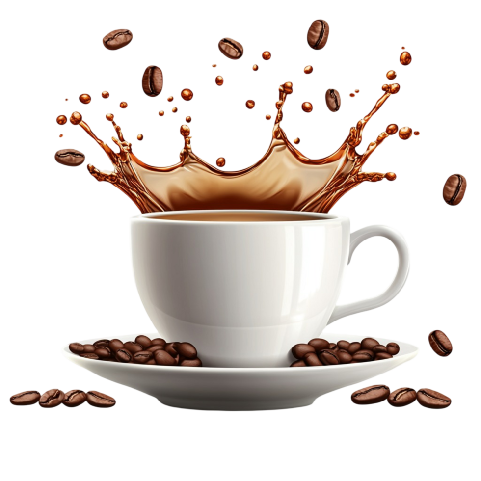 White Ceramic Coffee Cup with Dynamic Coffee Splash and Floating Beans png