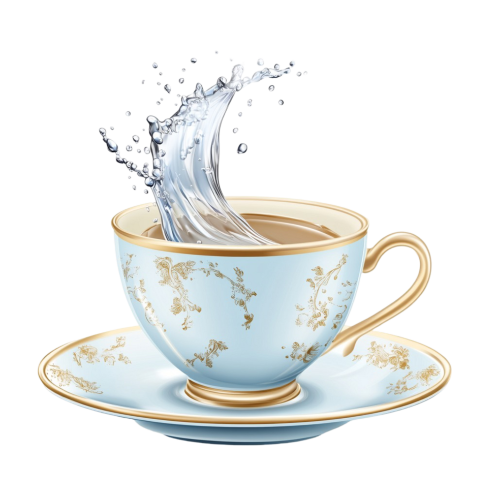 Elegant Vintage Teacup with Saucer and Splashed Water png
