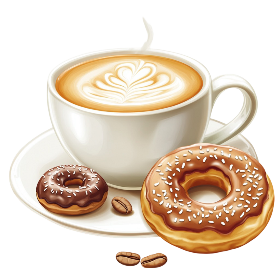 White Coffee Cup with Latte Art and Donut on Plate with Coffee Beans png