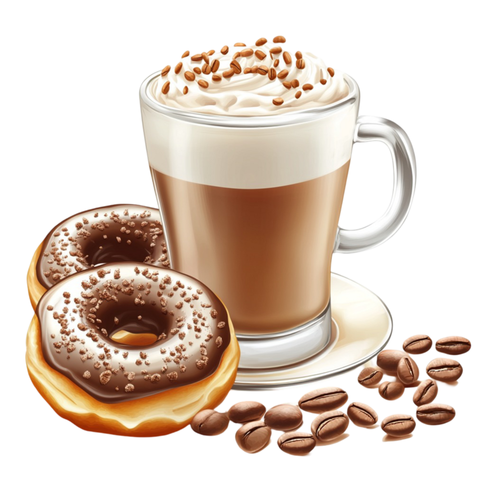 Glass Mug of Latte Coffee with Creamy Foam and Chocolate Donuts png