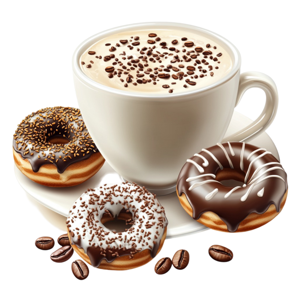 White Coffee Cup with Hot Chocolate and Assorted Chocolate Donuts png