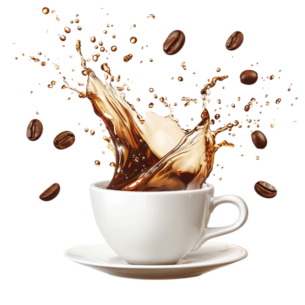 A White Coffee Cup with Dynamic Coffee Splash and Roasted Coffee Beans png