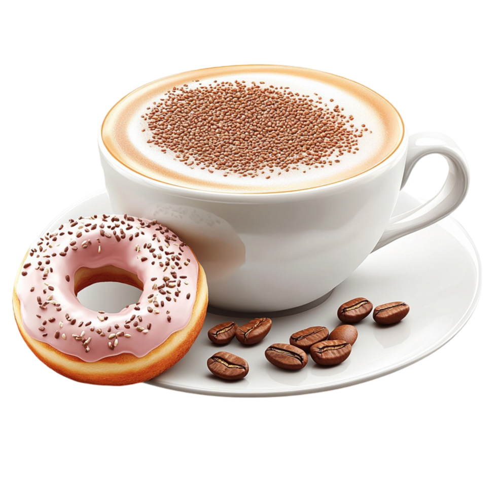 White Coffee Cup with Cinnamon Hot Chocolate and Donut png
