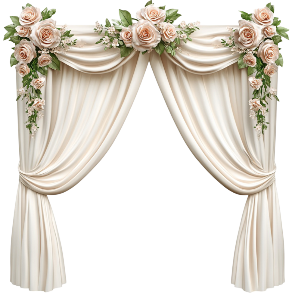 Classic White Drapes with Floral Decorations and Elegant Curtain png