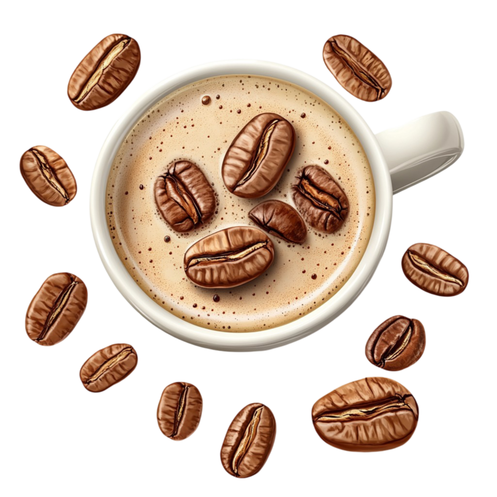 White Coffee Cup with Creamy Coffee and Floating Roasted Coffee Beans png