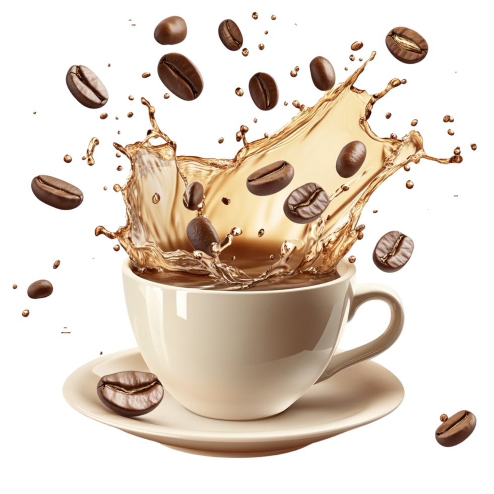 Coffee Cup with Splashing Coffee and Floating Coffee Beans png