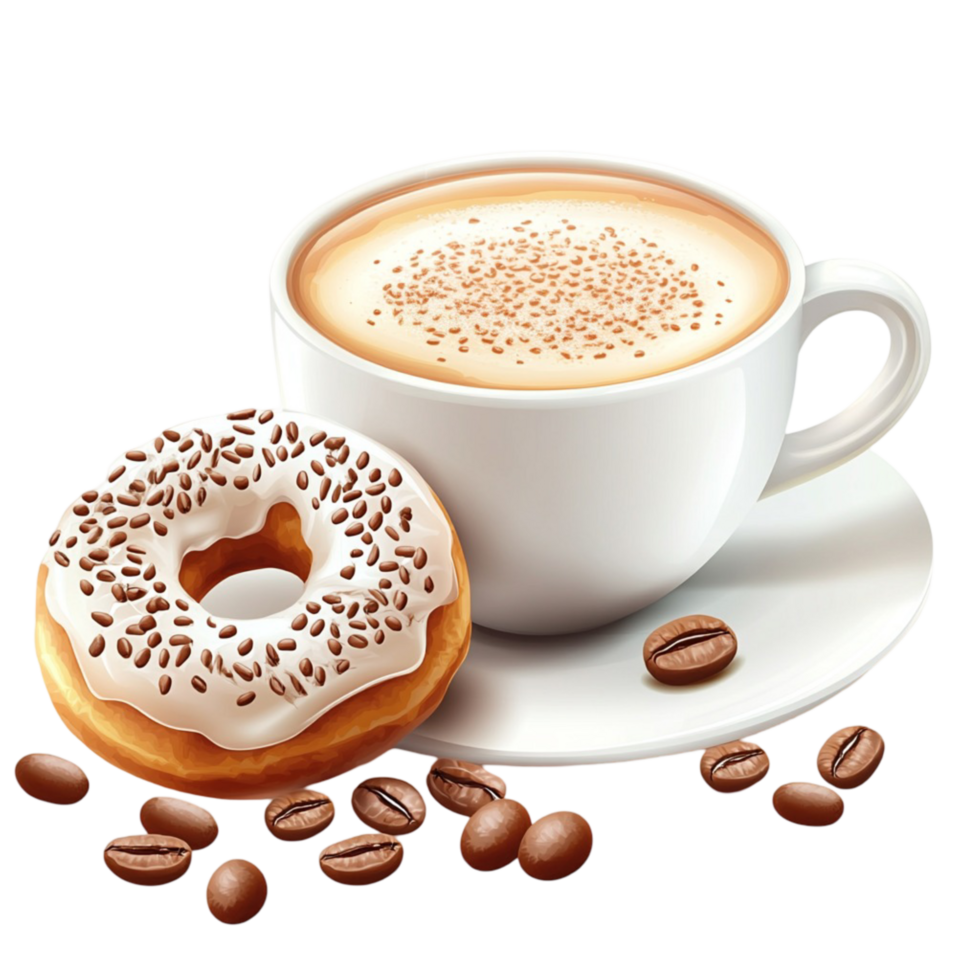 Luxury cappuccino coffee cup with chocolate donut and coffee beans png