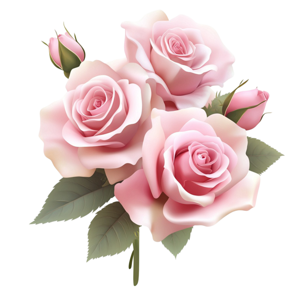 A Realistic bouquet of pink roses with green leaves png