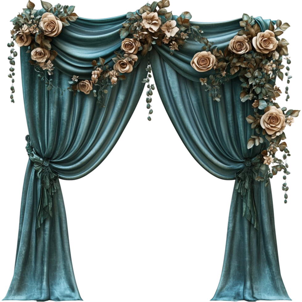 Luxury Venetian masquerade curtain with teal drapes and golden embellishments png