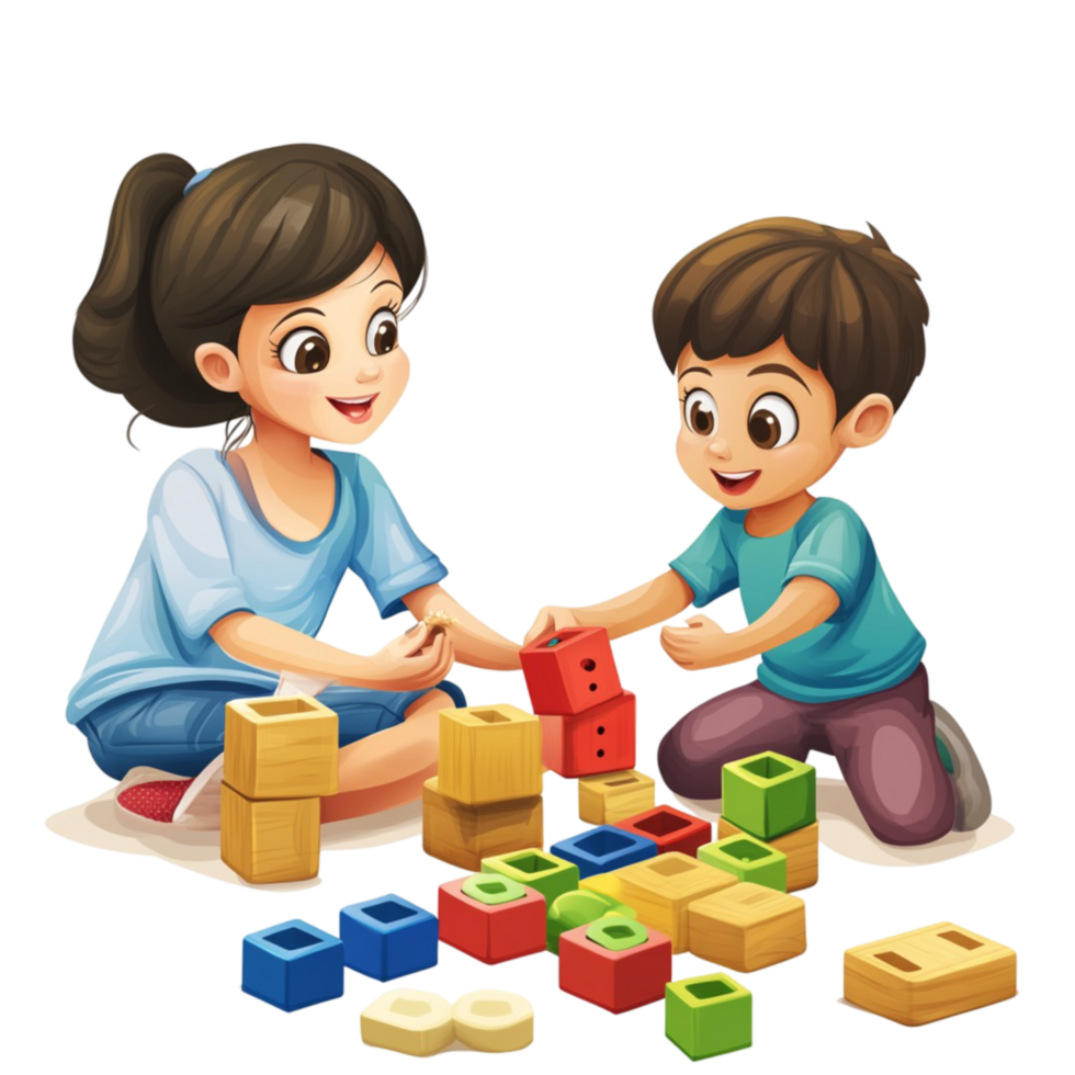 Happy Children Playing with Colorful Building Blocks Educational Activity png