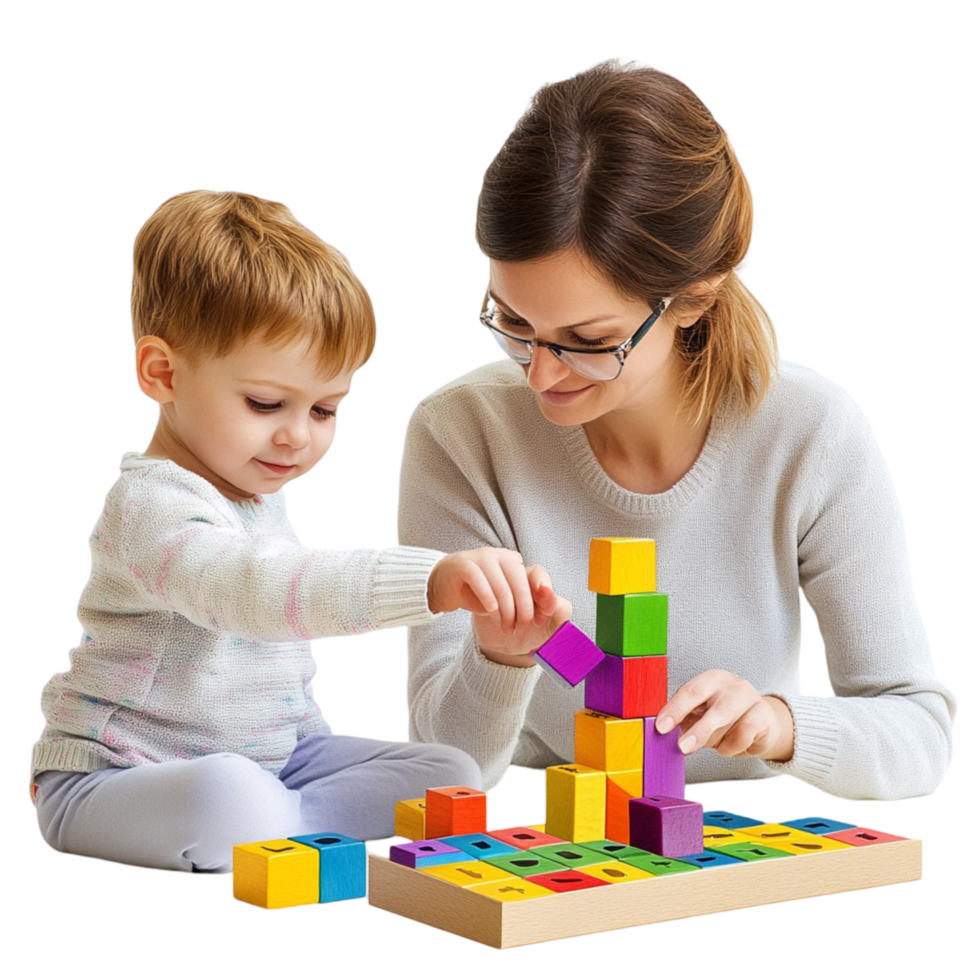 Mother and Child Playing with Colorful Building Blocks Educational Concept png