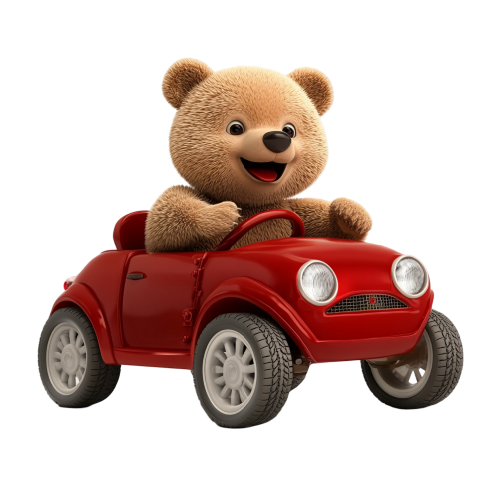 Cute Teddy Bear Driving a Red Toy Car Adorable Cartoon Character png